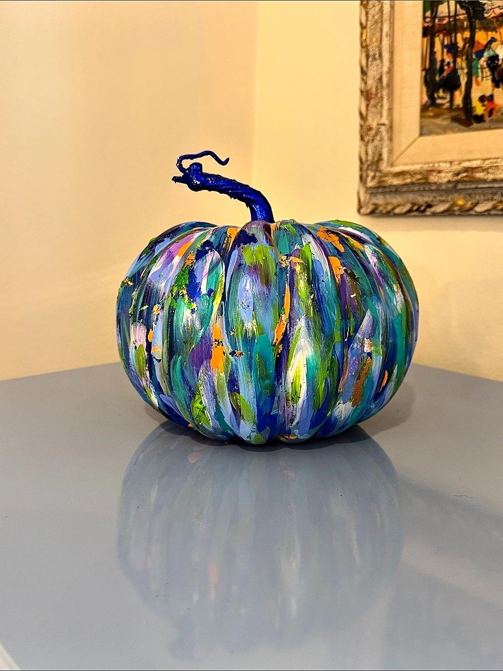 Hand-Painted Blue & Green Pumpkin Decor Like New